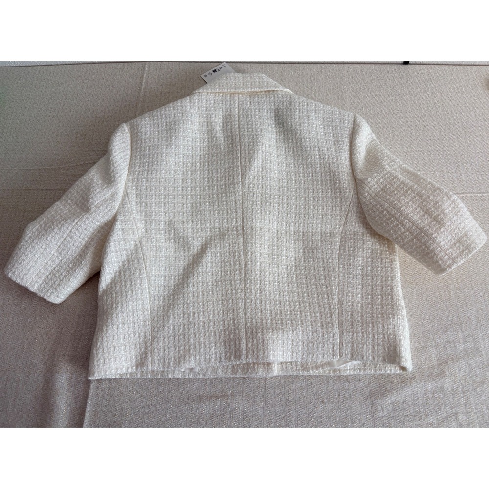 Zara Tweed Cropped Jacket XS‎ Cream White New Crystal Flower Button Short Sleeve - Picture 4 of 12